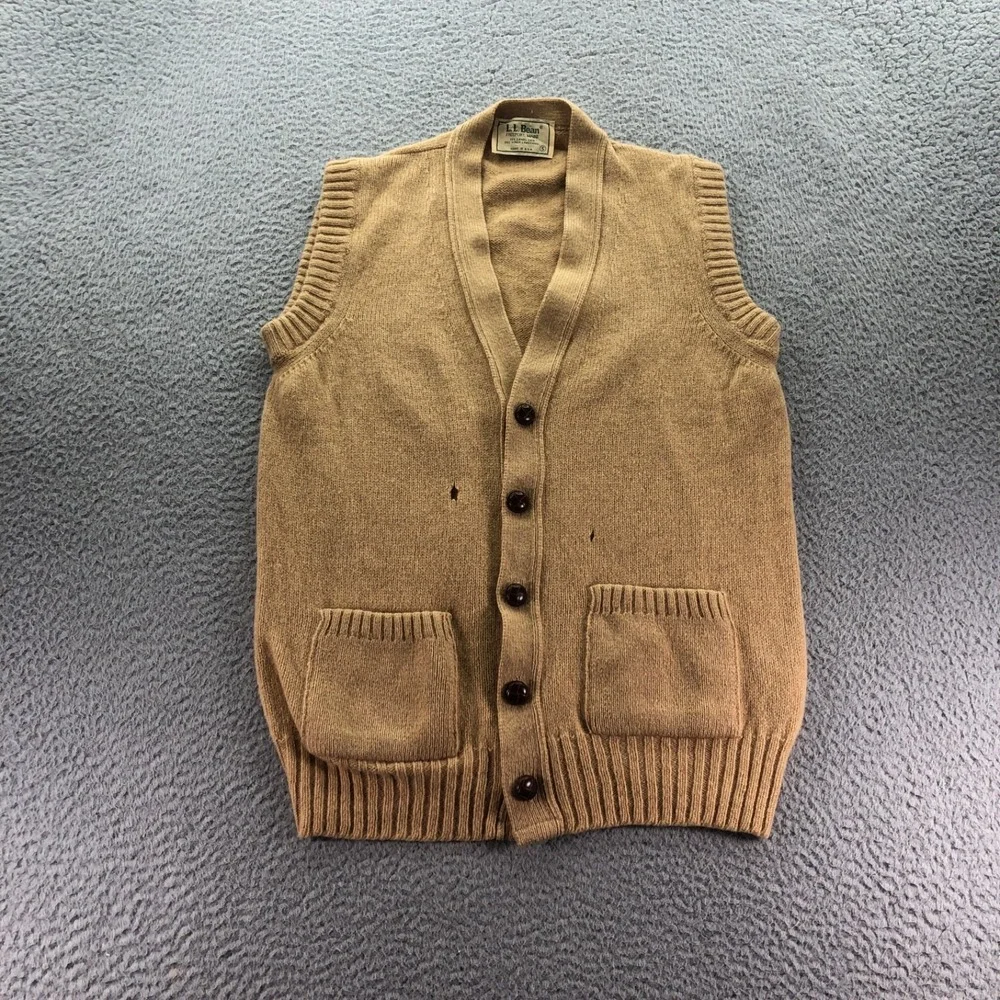 VTG LL Bean Sweater Vest Men Small Virgin Wool Camel Leather Button Cardigan USA